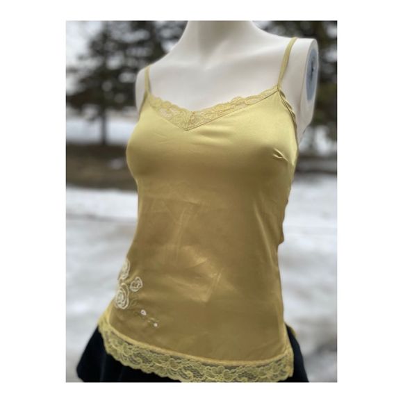 Y2K Le Chateau Gold Satin Camisole Lace Trim Floral Embroidery XXS - Picture 5 of 11